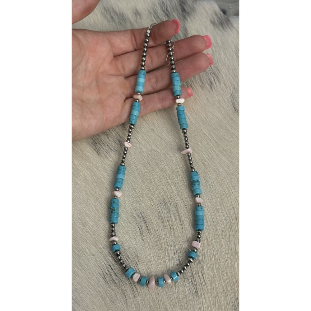Sterling Silver Navajo Pearl Turquoise HEISHI Conch Nuggets Necklace 16.5-18.5” - Picture 1 of 12